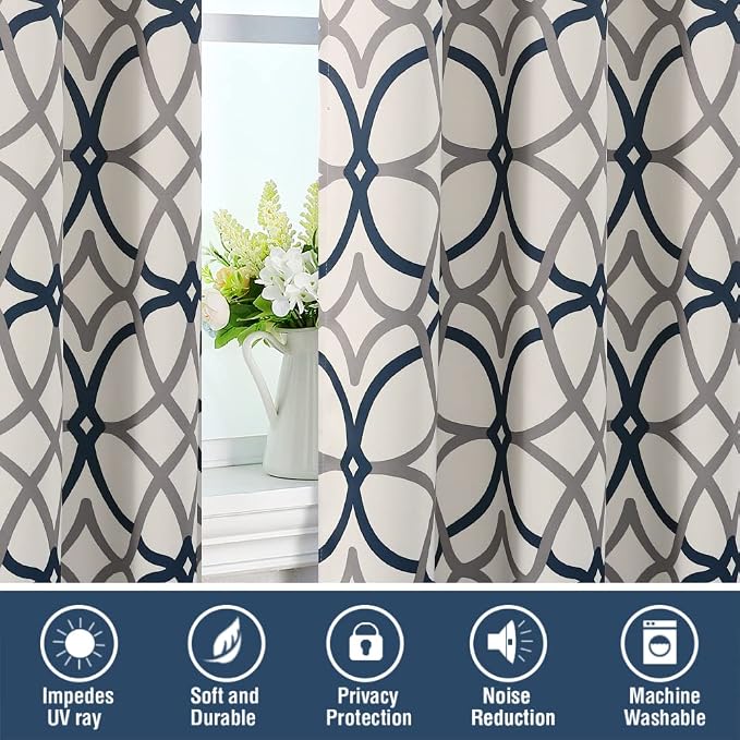 H.VERSAILTEX Blackout Curtains Printed Design 108 Inch Length 2 Panels Set Thermal Insulated Curtains for Bedroom Living Room Geometric Modern Grommet Window Drapes - Grey and Navy - Image 6