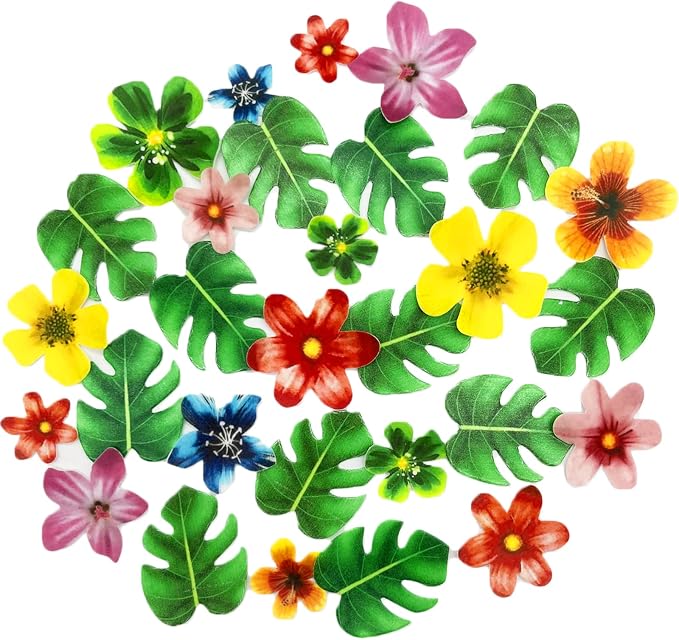 64Pcs Tropical Palm Leaves and Hawaii Flowers Cupcake Toppers Hawaii Theme Cake Decoration for Jungle Summer Party Birthday Wedding Cake Decor by Weraru