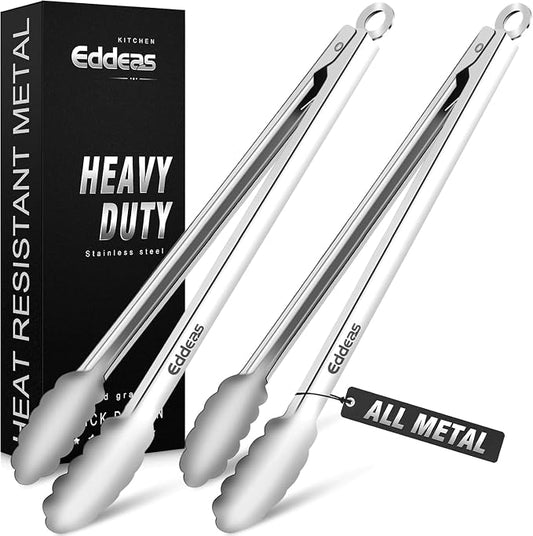 Grill Tongs, 600 Degrees Heat Resistant 17 Inch Extra Long BBQ Tongs, All Metal Kitchen tongs, Heavy Duty Stainless Steel Locking Tongs for Cooking, Grilling, Barbecue/BBQ, Buffet, 2 Pack by Eddeas