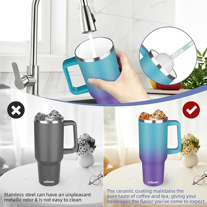 40 oz Insulated Coffee Mug with Ceramic Coating, Stainless Steel Travel Coffee Tumbler with Handle Lid and Straw, Double Wall Leak-Proof Coffee Travel Mug Keeps Drink Hot and Cold (Azure Purple) - Image 5