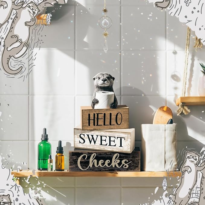 Moucuny 4 Pcs Otter Bathroom Decor Set Farmhouse Bathroom Decor and Accessories Rustic Hello Sweet Cheeks Wooden Blocks Signs with Toilet Paper Funny Toilet Shelf Decoration for Home Office Half Bath - Image 5