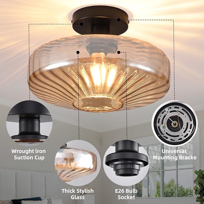 Semi Flush Mount Ceiling Light,11.8 inch Vintage Warm Amber Glass Ceiling Light Fixture,Living Room Lighting Fixtures Ceiling for Hallway Porch Bedroom Bathroom Dining room,E26 Base(Bulb Not Included) - Image 4