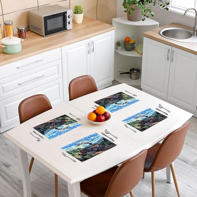 Feelyou Train Placemats Set of 4 Colorful Steam Engine Table Mats American Flag Place Mat for Kitchen Dining Table Party Decor Indoor Outdoor 18"x12" Transportation Vehicle - Image 3