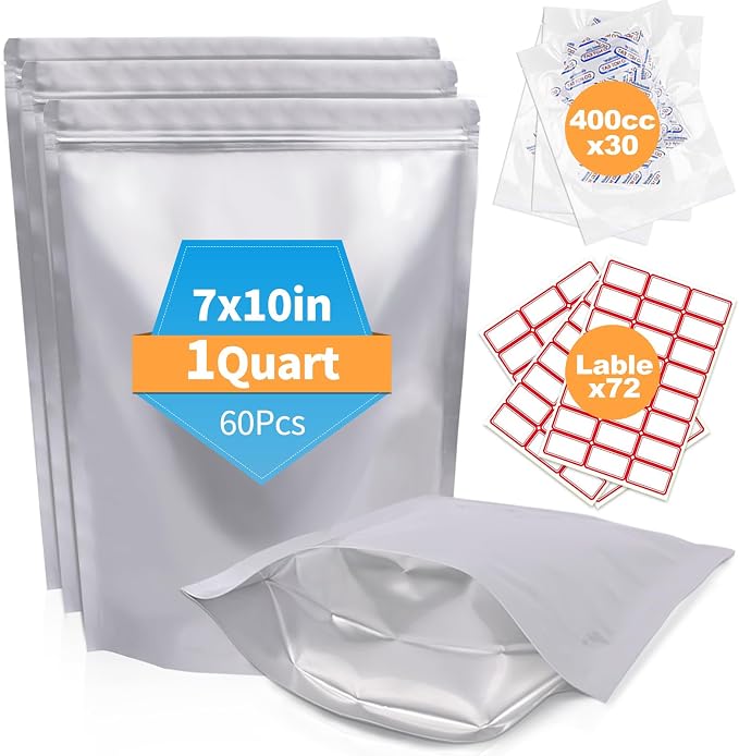 60PCS 1Quart 7"X10" Mylar Bags for Food Storage with Oxygen Absorbers&Lables,10 Mil Thick Resealable Stand-Up Zipper&Heat Sealable Bags for Long Term Food Storage,Dried Food by NexLevVac