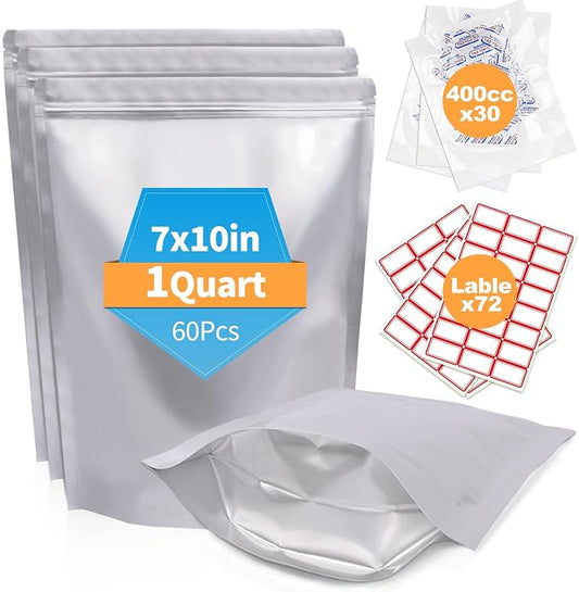 60PCS 1Quart 7"X10" Mylar Bags for Food Storage with Oxygen Absorbers&Lables,10 Mil Thick Resealable Stand-Up Zipper&Heat Sealable Bags for Long Term Food Storage,Dried Food by NexLevVac