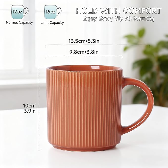 MONITO 16Oz Coffee Mugs Set of 6, Rustic Ceramic Coffee Cups Set with Large Handle, Vintage Striped Stoneware Coffee Mugs for Latte, Cocoa, Tea, Milk, Microwave & Dishwasher Safe, BRICK RED - Image 2