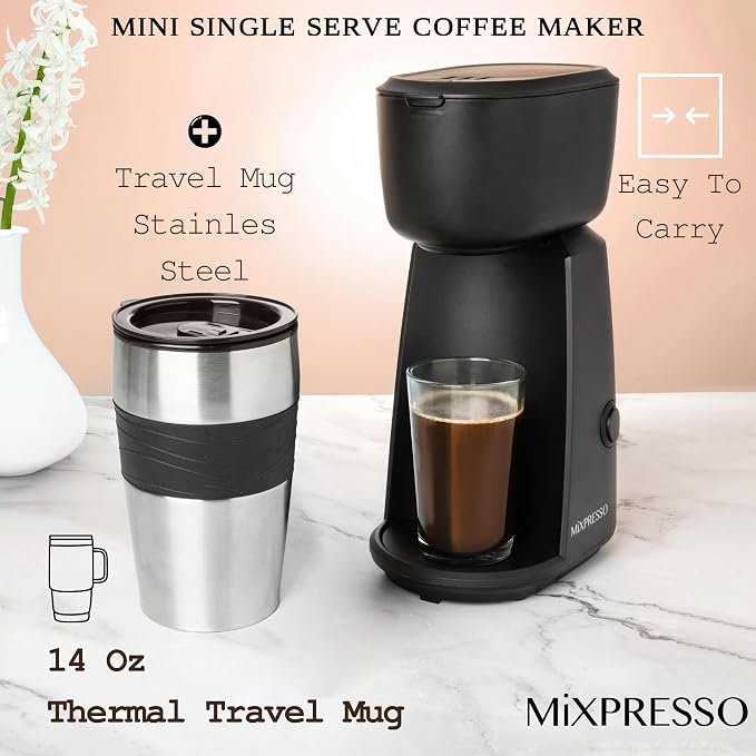 Mixpresso Single Serve & Single Cup Coffee Maker with 14oz Travel Mug Black | For ground coffee only, reusable filter, auto shut off. Compact personal drip coffee maker, not compatible with K-Cup pods. - Image 2