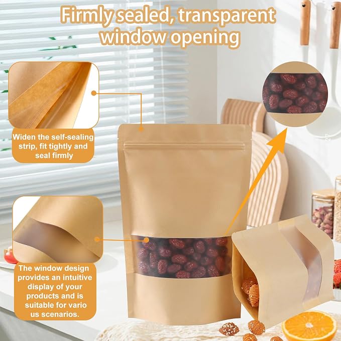 105 Pcs Windowed brown paper Bags，3.5 x 5.5 Inch Stand Up Pouches, Zip Lock Food Storage Bags， Reusable Sealing Pouches for Packaging Products(Brown) (3.5 * 5.5in) - Image 3