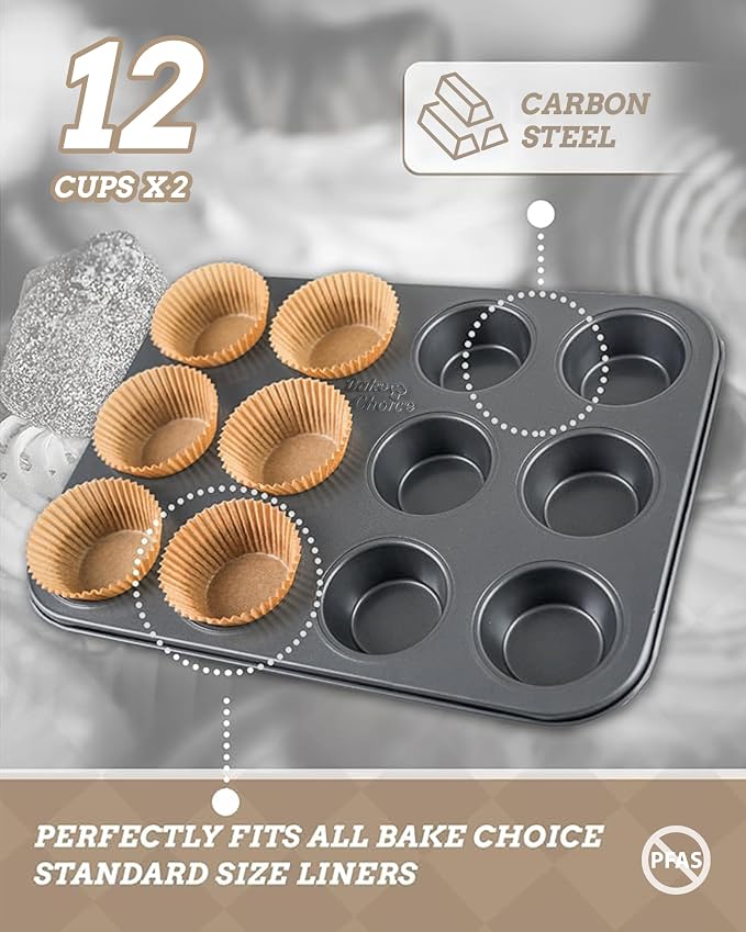 Bake Choice 2 Muffin Pan for Baking, Standard Cupcake Pan with 100 Liners | Includes 100 Natural Cupcake Liners, Non-Stick Muffin Tin Nonstick 12 Cup, Baking Pans Set, Carbon Steel Baking Supplies - Image 4