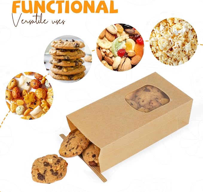 100 Pack Bakery Bags with Window, 3.9x2.3x8 Inches Tin Tie Tab Paper Cookie Bags Brown Small Gift Bag for Packaging Popcorn, Trail Mix, Treats, Snacks, Baked Goods, Party Favors | Grease Resistant - Image 4