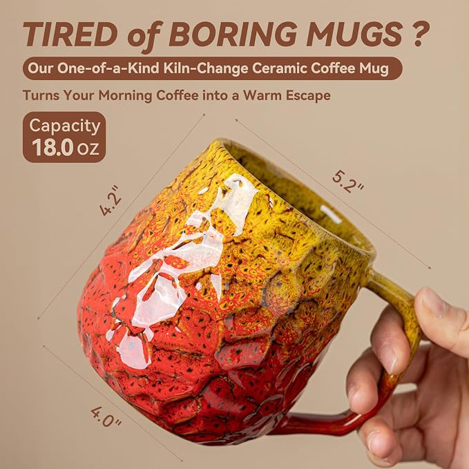 18oz Unique Yellow & Red Kiln-Change Ceramic Coffee Mug, Handcrafted Hammered Texture Ceramic Mug with Ergonomic Handle, Microwave & Dishwasher Safe, Gift for Coffee Lovers, Home Office Daily Use - Image 3