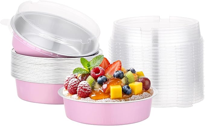 Beasea Disposable Mini Pie Tins with Lids, 20 Pack 7.3oz Aluminum Baking Foil Tins Small Round Tart Container for Individual Dessert Cupcake Muffin Cheesecake Quiche Oven Dishes - Pastel Pink by Beasea