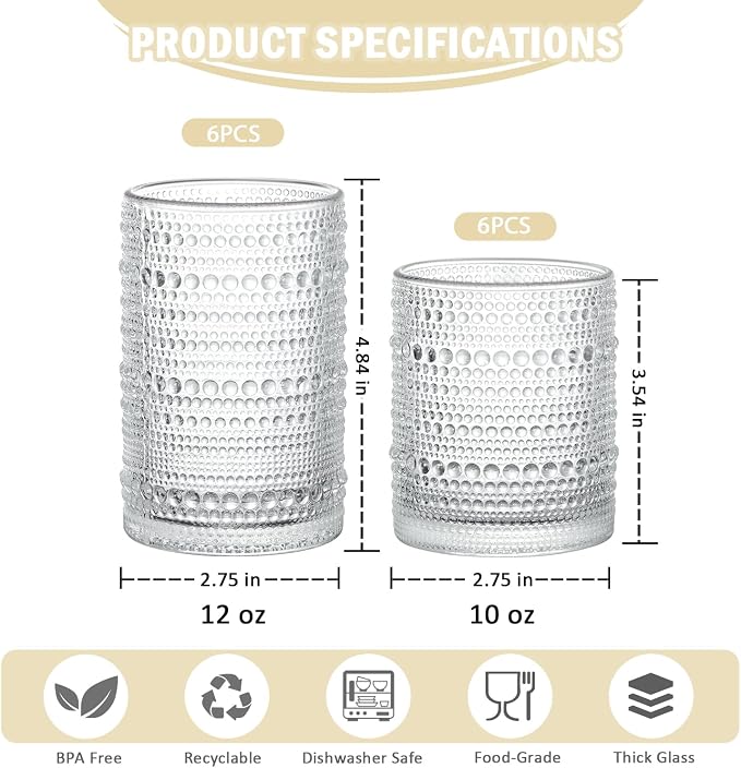 Hobnail Drinking Glasses Set of 12, 12 oz Highball Glassware & 10 oz Cocktail Glasses, Vintage Embossed Beaded Glass Cups for Kitchen,Beer,Soda, Whiskey,and Beverages,Dishwasher Safe - Image 3