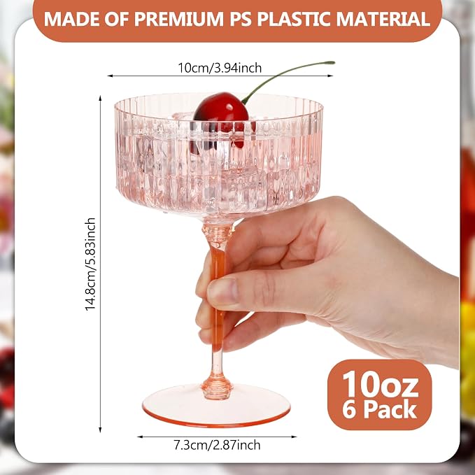 Jingmore 6 Pcs Ribbed Martini Glasses 10 oz Disposable Plastic Vintage Ribbed Coupe Glasses Unbreakable Dessert Parfait Glassware for Wedding Birthday Party Supplies (Champagne Powder) - Image 2