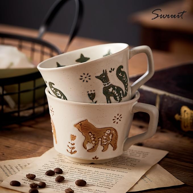 12oz Vintage Ceramic Coffee Mug Set of 4 - Handmade Stoneware Pottery Countryside Farmhouse Fall Autumn Tea Mugs with Big Handle for Latte,Cocoa,Dishwasher & Microwave Safe Cups (Animals) - Image 3