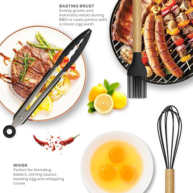 oannao Silicone Cooking Utensils Set - 446°F Heat Resistant Silicone Kitchen Utensils for Cooking,Kitchen Utensil Spatula Set w Wooden Handles, BPA FREE Gadgets for Non-Stick Cookware (Black) - Image 4