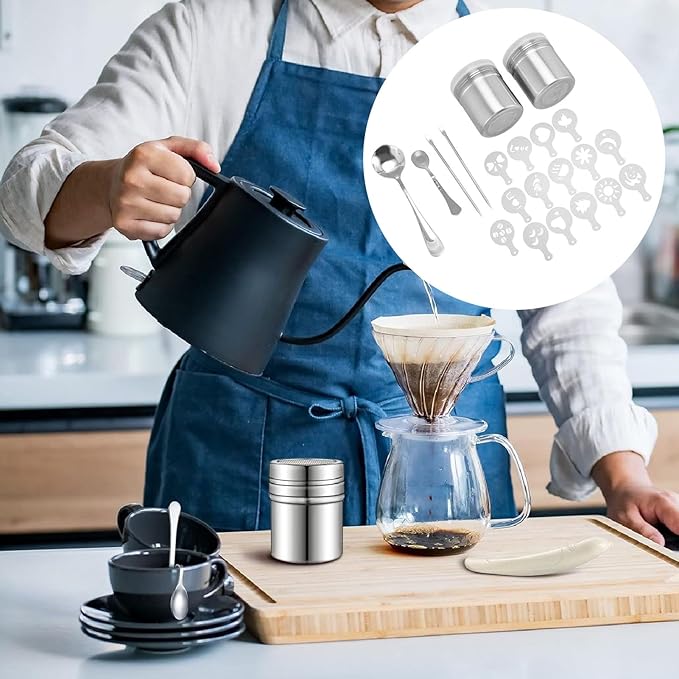 Coffee Decorating Stencils, Coffee Carving Pen Set, Portable Stainless Steel Latte Art Pen, Coffee Shaping Tool with Powder Shaker Spoons