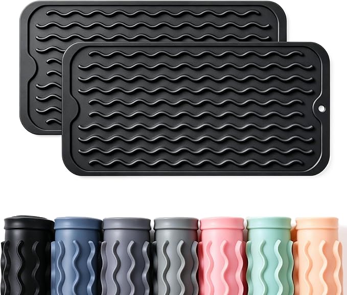 2 Pack Caketime Silicone Dish Drying Mat for Kitchen Counter Easy to Clean Quick Dry Near Faucet Under Sink Bathroom Vanity Tray Small Gadgets Rack Home Decor Essentials 12"x6" Black by CAKETIME