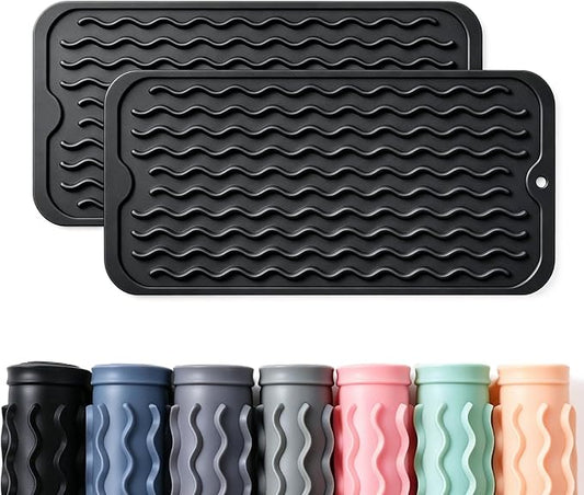2 Pack Caketime Silicone Dish Drying Mat for Kitchen Counter Easy to Clean Quick Dry Near Faucet Under Sink Bathroom Vanity Tray Small Gadgets Rack Home Decor Essentials 12"x6" Black by CAKETIME