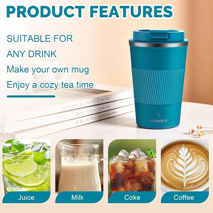MOMSIV 12oz Travel Mug, Insulated Coffee Cup with Leakproof Lid, Travel Coffee Mug Vacuum Stainless Steel Double Walled Reusable Coffee Cup for Hot Coffee, Iced Coffee & Cold Drinks | 6-Hour Heat Retention, 360°Leak proof, Vacuum Stainless Steel Double... - Image 4