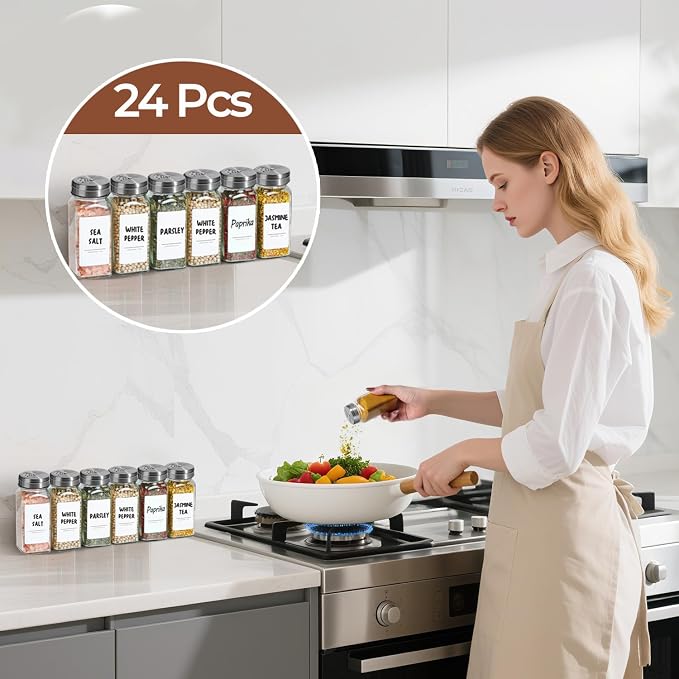 ComSaf Glass Spice Jars with Shaker Lids 4 oz 24 Pack Small Square Bulk Set | Labels, Seasoning Herbs Powders, Salt Pepper Chili, Spice Rack Organization, Kitchen Cabinet Storage, Funnel Included - Image 7