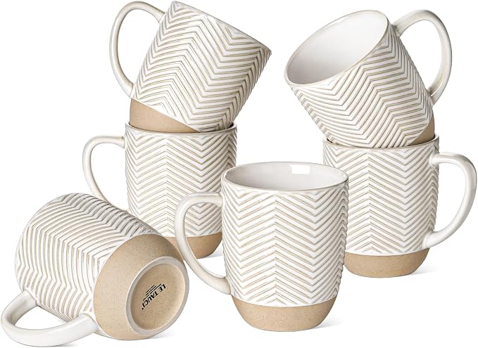 LE TAUCI Coffee Mugs 16 oz,Ceramic Mug Set, Embossment Cups for Latte, Hot Tea, Cappuccino, Mocha, Cocoa,Suit For Housewarming Wedding- 3.8 inch, Set of 6, Arctic White by LETAUCI