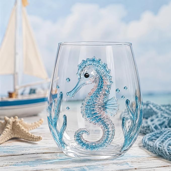 Blue Handmade Stemless Wine Glass 3D Ocean Cup (White Style 5) | 3D Sculpted Handmade Blue Ring Stemless Glass Ocean Cup Handblown Glassware (White Style 5) - Image 2