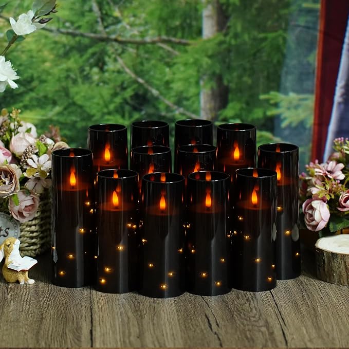 Sasigeiaa Flameless Candles with Embedded Star String - Battery Operated LED Candles, with Remote,12 Black Flickering Candles for Christmas, Weddings, Home Decor & Party,(D 2.3"×H 5" 6" 7") - Image 3
