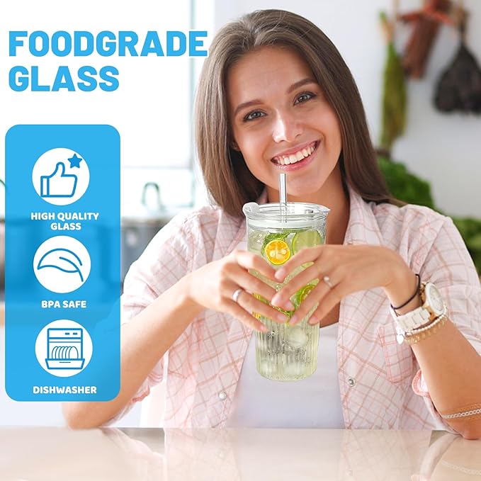 20 oz Glass Tumbler with Lid and Straw, 2 Pack Clear Ribbed Iced Coffee Cup, High Borosilicate Glass Tumbler, Reusable Vintage Glassware for Iced Coffee, Smoothies, Cocktails, and Juices (Pattern)