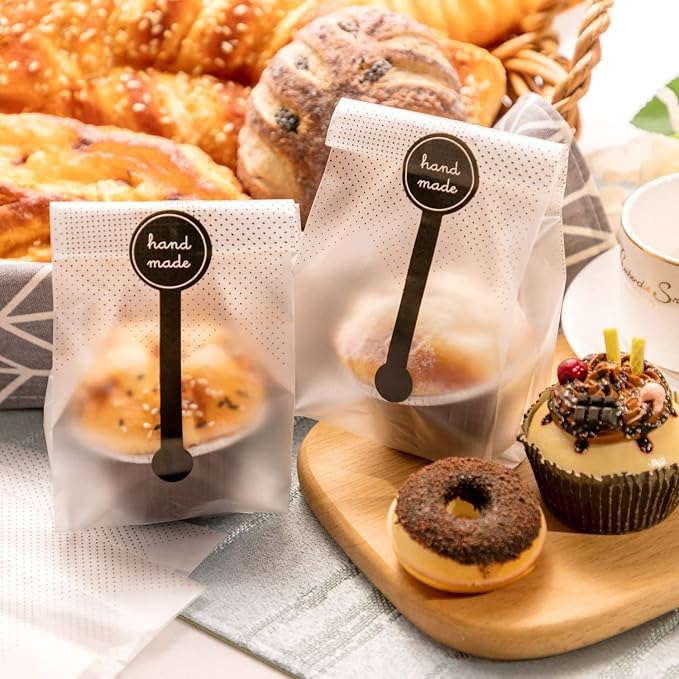 Palksky (400Pcs)200pcs Translucent Plastic Bags/Bakery Bags with 200pcs Handmade Stickers for Muffin Cookie Cake Chocolate Candy Snack Wrapping Bakery Packaging - Image 3