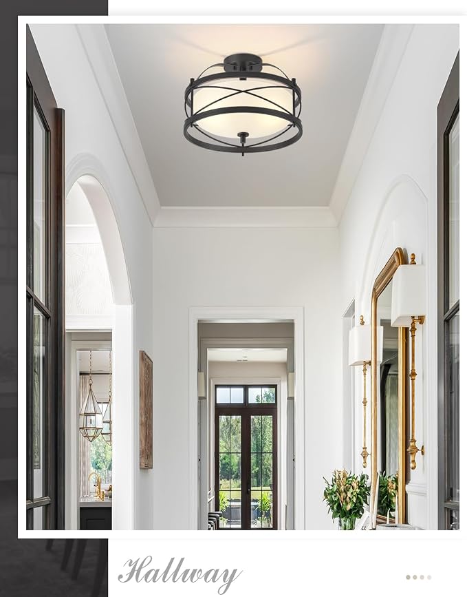 Entryway Drum Light Fixtures, Semi-Flush Mount Rustic Ceiling Light for Hallway Living Room Bedroom Kitchen (Black) - Image 7