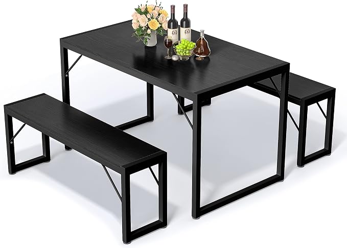 Bealife Dining Table Set for 4 with Metal Frame and MDF Board - Black | Space Saving Kitchen Table with 2 Benches, Kitchen Table Set for Apartment, Dining Room, Breakfast Nook by Bealife