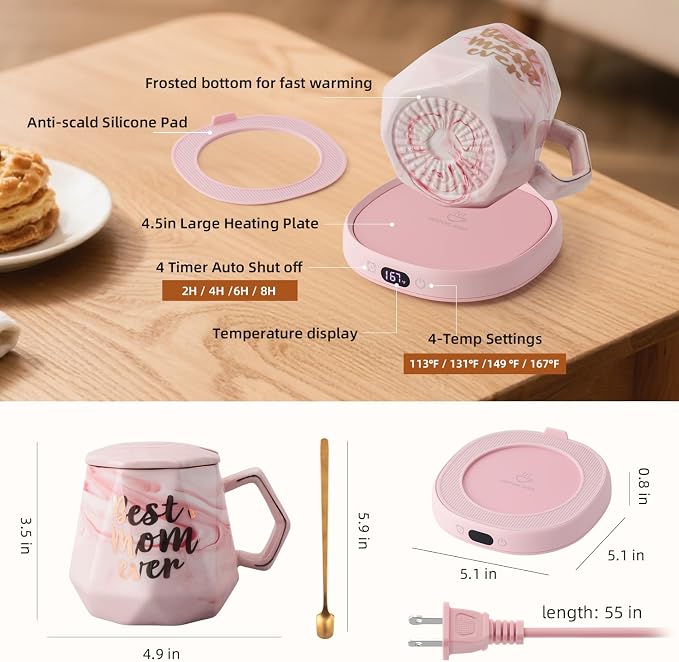 Coffee Mug Warmer & Best MOM Ever Mug Set, Smart Heated Electric Cup Warmer for Desk Office, 4 Temperature Control Beverage Tea Coffee Warmer, 8h Auto Shut Off Candle Plate, Women Mom Gifts from Son - Image 7