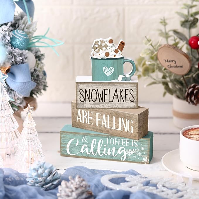 Moucuny 4 Pcs Winter Table Decor Wooden Milk Cocoa Decoration Winter Tiered Tray Centerpiece Decorative Blue Hot Cocoa Block Signs Gift Farmhouse Decoration for Home Kitchen - Image 3
