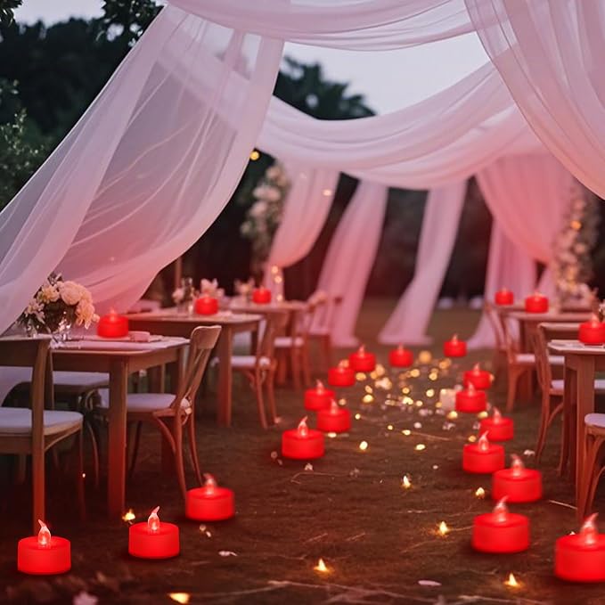 Tea Lights Battery Operated Candles LED Tea Lights Flameless Candles 200+ Hours Flickering Fake Tealights for Sweetest Day Wedding Home Decorations Party (Red Base, 24 Pack) - Image 7