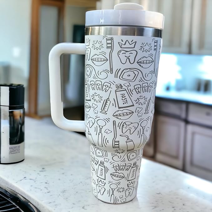 Tumbler, 40oz Tumbler, Western Tumbler, Engraved Cup with Handle, Cute Coffee Mug, 40oz Coffee Mug (White-Dental(K))
