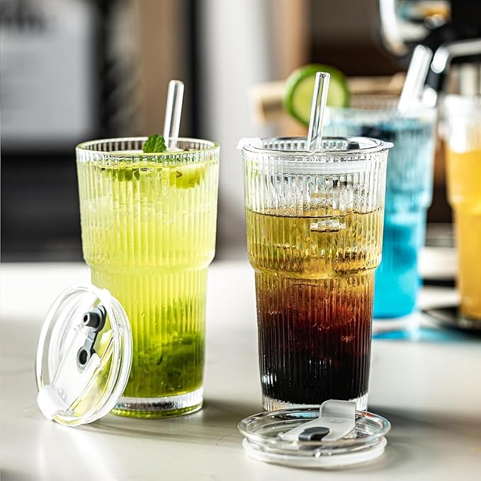 20oz Glass Tumblers with Lids and Glass Straws, Thickened for Iced Coffee, Smoothies,Cocktails and Juices-Elegant Durable for Home, Office,Travel (Clear)