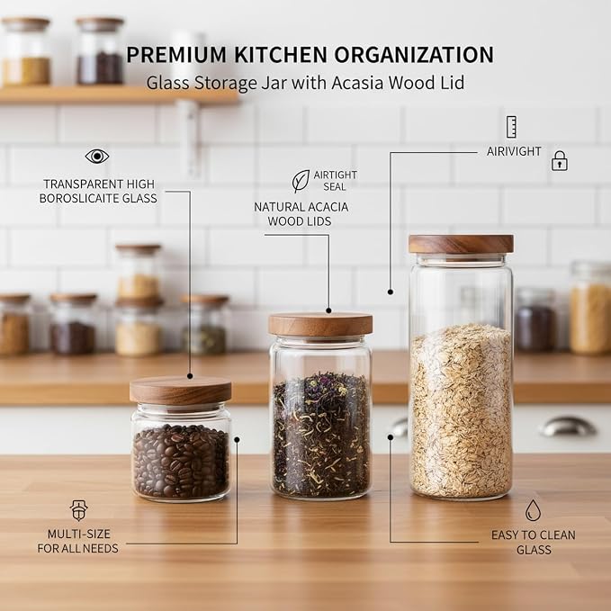 Clear Glass Storage Jar with Acacia Wood Lid for Pantry Organization - High Borosilicate Kitchen Canister - Image 4