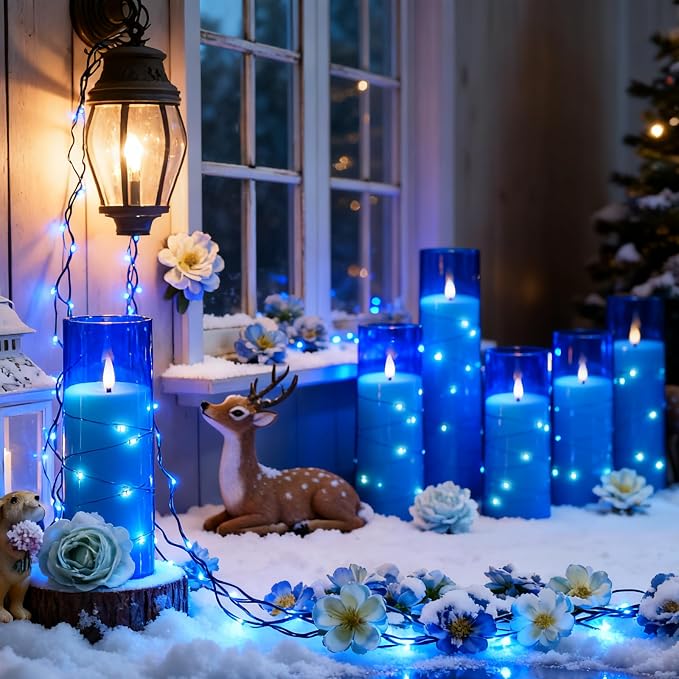 Sasigeiaa Flameless Candles with Embedded Star String - Battery Operated LED Candles, with Remote,12 Blue Flickering Candles for Christmas, Weddings, Home Decor & Party,(D 2.3"×H 5" 6" 7") - Image 6