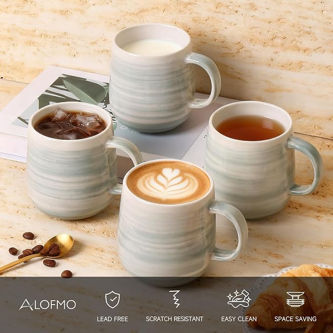 Coffee Mugs Set of 4, 12oz Stoneware Coffee Cups with Handle, Light Green | Hand-Painted Ceramic Mugs Set for Women and Men, Dishwasher & Microwave Safe, Suitable for Hot Coffee, Tea, Cocoa, Milk - Image 2