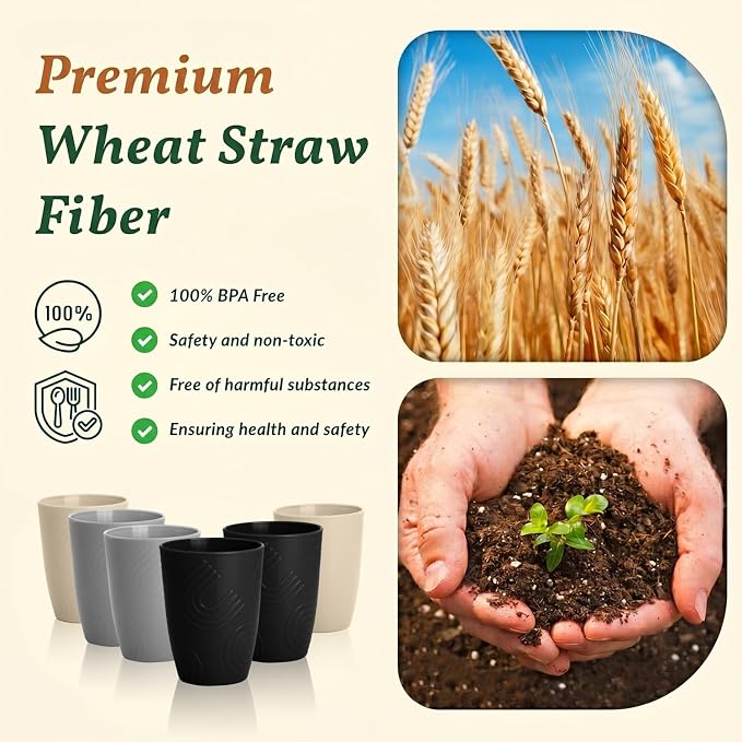 Homienly Premium Wheat Straw Cups Set of 6, Reusable 16oz Water Glasses Lightweight and Unbreakable Drinking Cups,Alternative Plastic Cup Dishwasher Safe Cups for Home and Outdoor - GreyStone - Image 4