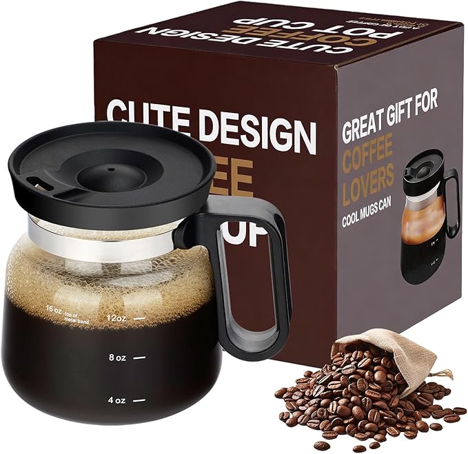 Coffee Pot Mug with Lid,16Oz Mini Glass Coffee Pot Coffee Mug with Spill Proof Lid & Heat Proof, Novelty Coffee Pot Cup for Coffee Lovers Gifts (1PC) by Foubret