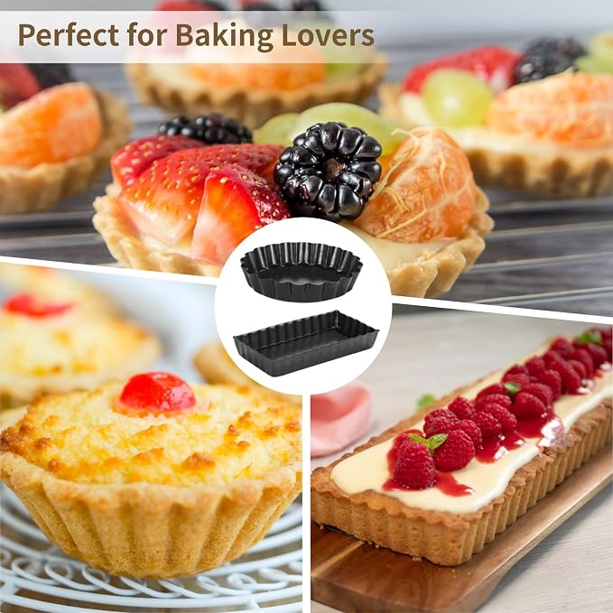 16 PCS Mini Tart Pans, Round and Rectangle Pie Pans, Removable Bottom Nonstick Quiche Pan, 4 Inch Carbon Steel Tart Mold, Fluted Side Dessert Baking Mold Set for Egg Tarts, Pies, Mousse Cakes - Image 4