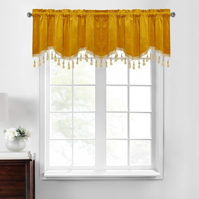 Warm Gold Autumn Tassel Velvet Valances Curtains 52x18 Inch 2 Panels | Rod Pocket Scalloped Tier Curtains, Light Dimming Privacy Protect Window Drapes for Cafe, Holiday Fall Decor by StangH