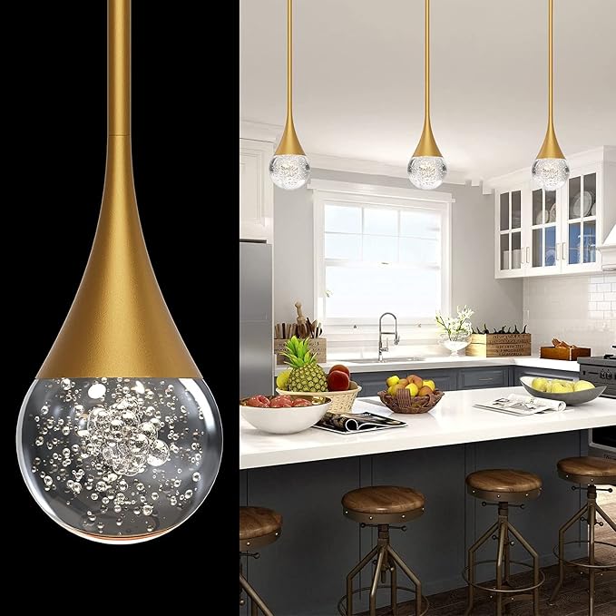 Gold LED Pendant Light for Kitchen Island, Bubble Crystal, 1-Light | Bubble Glass Shade, Modern, Height Adjustable, Ceiling Hanging Lighting for Kitchen Island Dining Room by Aoceley