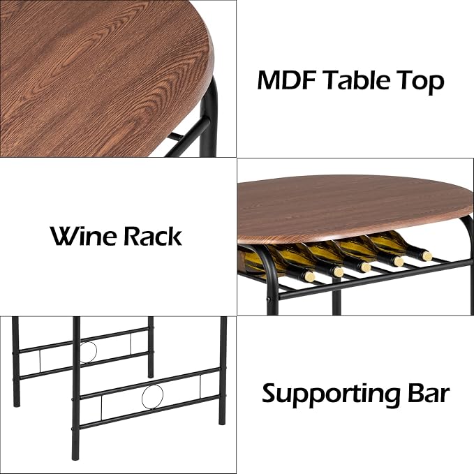 VINGLI 3 Piece Dining Set,Small Kitchen Table Set for 2,Breakfast Table Set for 2,Kitchen Wooden Table and 2 Chairs for Small Space/Dining Room/Apartment,Metal Frame,Wine Rack,Black&Walnut - Image 5