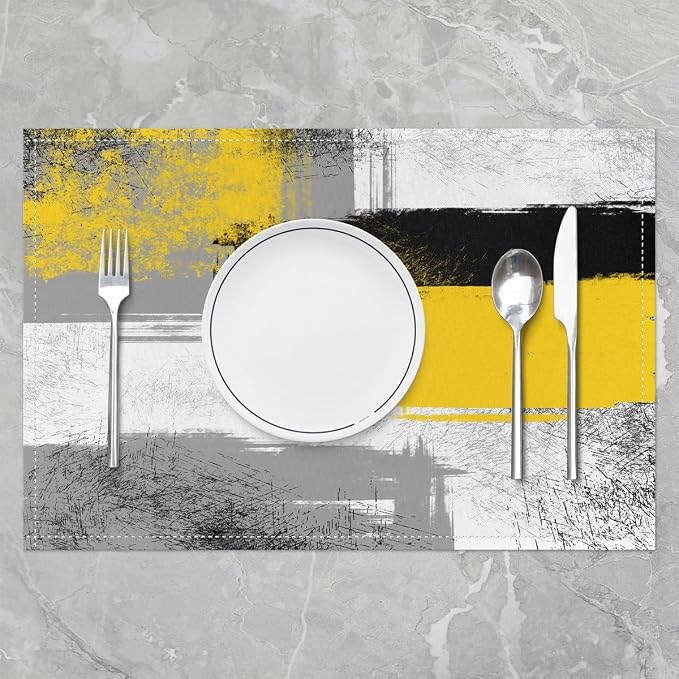 Feelyou Yellow Black Grey White Placemats Set of 4 for Kids Boys Girls Abstract Placemat for Kitchen Dining Table Decor Indoor Outdoor 18"x12" Ombre Modern Table Place Mats, Decor Buffalo Check - Image 2