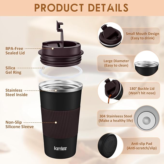 KETIEE Travel Mug, 12oz Insulated Coffee Cup with Leakproof Lid, Vacuum Stainless Steel Double-Wall Travel Coffee Mug Spill Proof, Reusable Tumbler for Men and Women for Hot & Cold Water Tea - Image 3