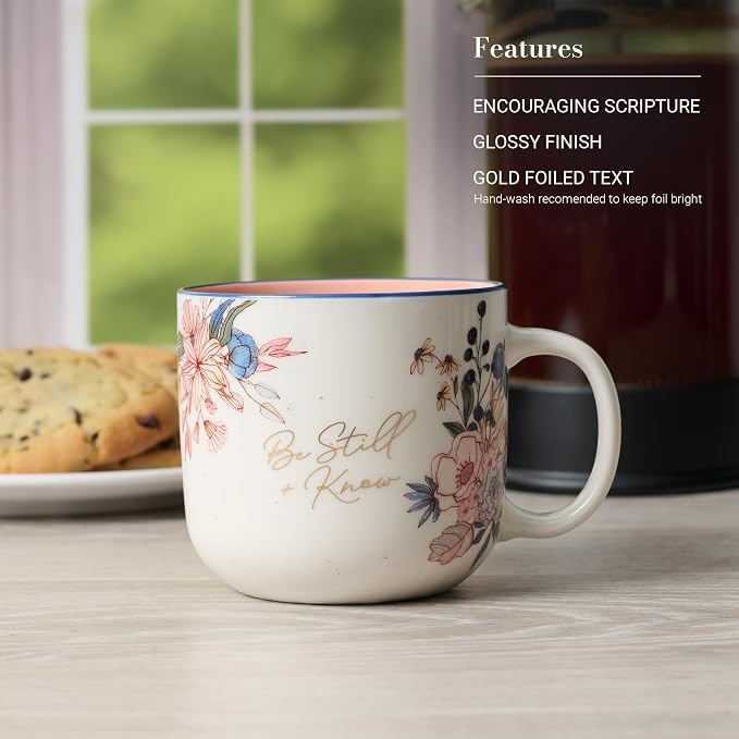 Christian Art Gifts Large Inspirational Ceramic Coffee & Tea Mug for Women: Be Still & Know Encouraging Bible Verse Psalm, Cute Novelty Non-toxic Sturdy Beverage Cup, White/Pink/Blue Floral, 14 oz. - Image 3