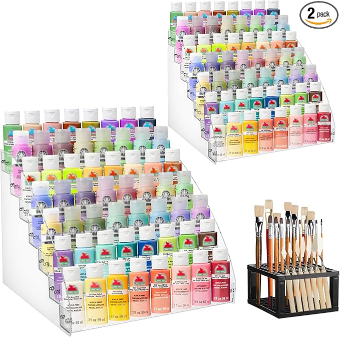 2 Pack 7 Tiers Clear Acrylic Paint Organizer with Brush Holder,paint Organizers Set Miniature Paints Holders, 7 Layers Paints Storage Rack, Craft Paint Rack